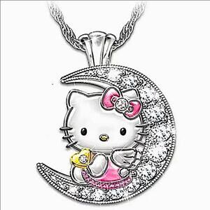 NEW STERLING SILVER HELLO KITTY ZIRCON MOON PENDANT NECKLACE